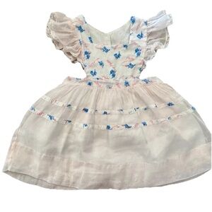 Hello Kitten blue and pink handmade toddler girl pinafore dress w buttons & sash